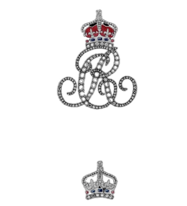 Kiki's design for Queen Camilla's Coronation is created with 18 carat white gold and set with diamonds, designed in the form of the Queen's cypher - with C (Camilla) and R (Regina) intertwined, with a crown above