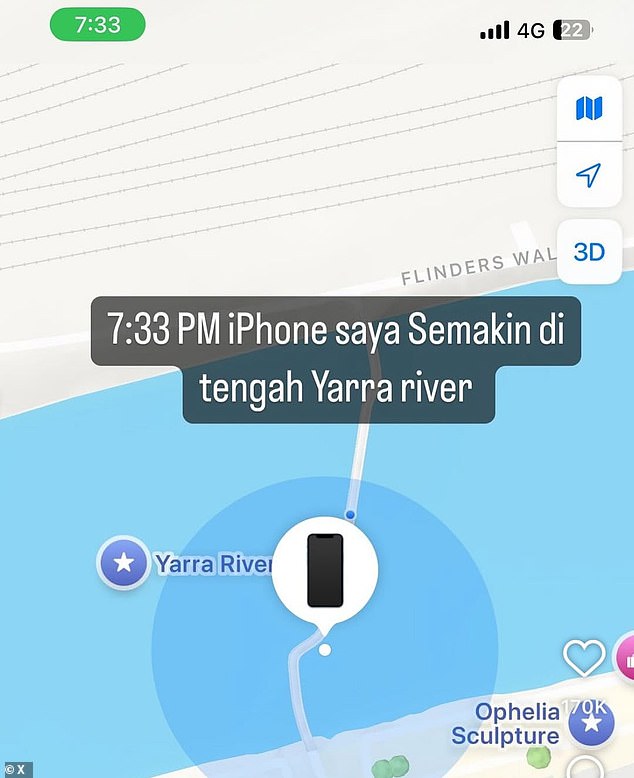 Mr Tjendara's tracking app appeared to show the device had been dropped into the Yarra River (pictured)