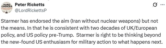 Former UK national security adviser Lord Ricketts highlighted that Sir Keir had not endorsed the 'means' used by the US