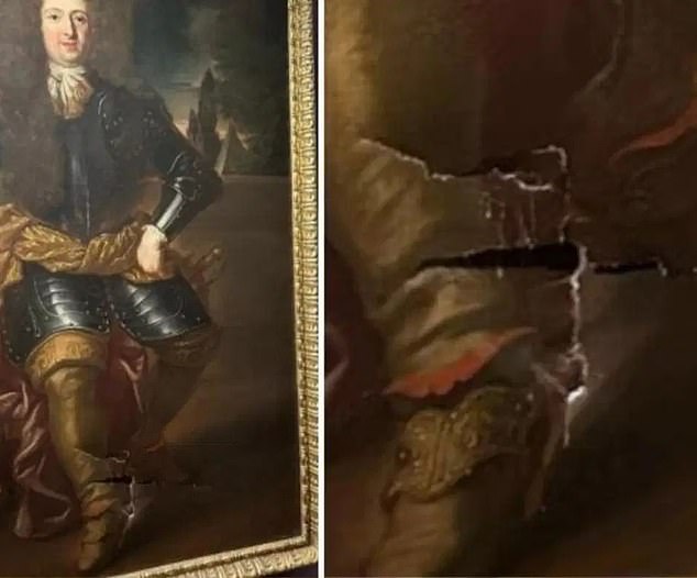 The man stumbled backwards, falling against the portrait, and leaving a hole at the level of the prince's right boot