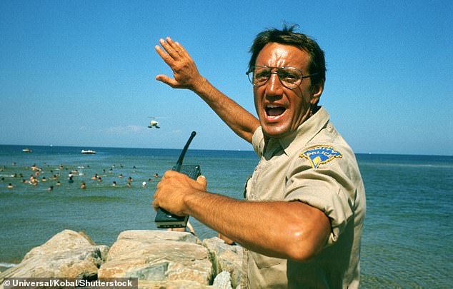 In the film version Chief Brody, played by Roy Scheider (above), referenced the New Jersey shark attacks by urging Mayor Vaughn to shut the beaches, saying: 'It's gonna happen again. It happened before! The Jersey beach! 1916! Five people chewed up on the surf!'