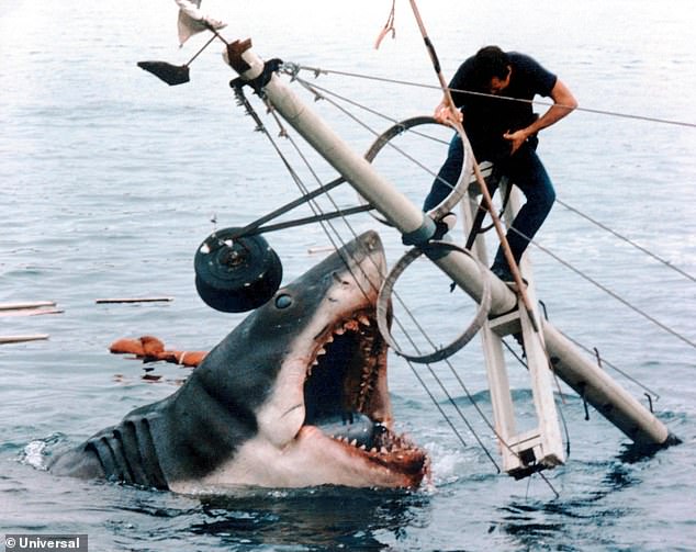 A scene from 1975 film Jaws showing the killer shark in action
