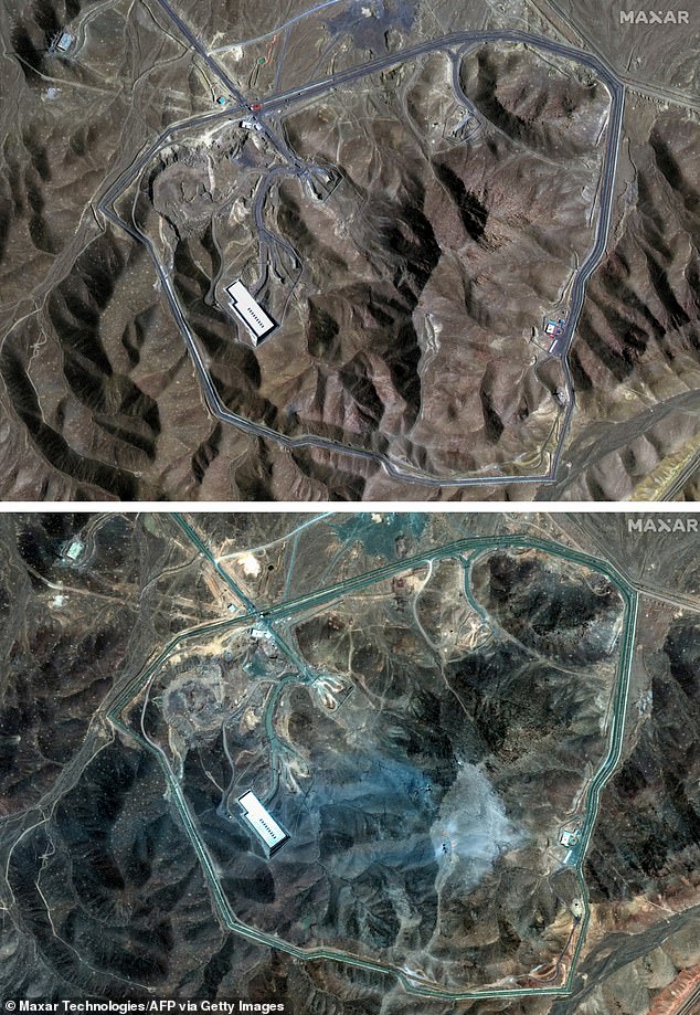 Pictured: Iran's Fordow Fuel Enrichment Plant on June 19, 2025 (top), and Iran's Fordow Fuel Enrichment Plant (FFEP), northeast of the city of Qom, after US strikes on the site June 22
