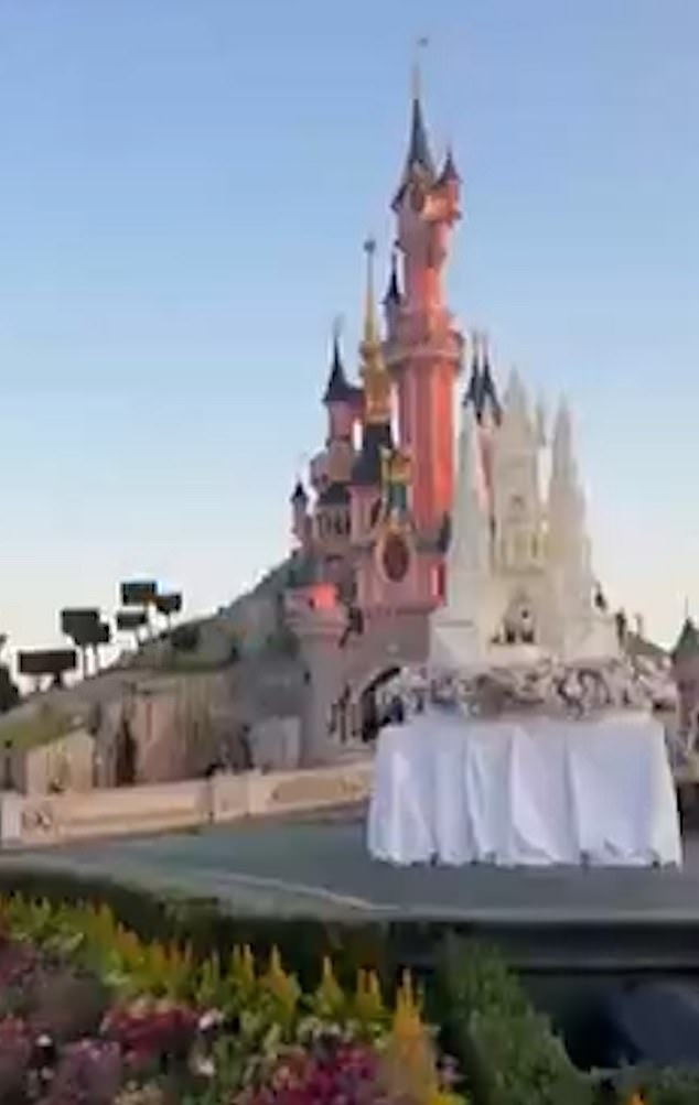 A huge cake of a castle was placed in front of the Sleeping Beauty castle