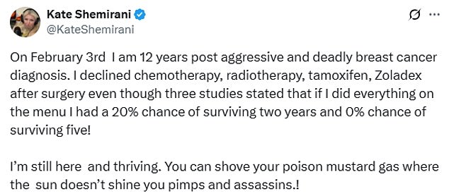 She has previously claimed to have beaten cancer by following 'Gerson therapy' - baseless claims that a plant-based diet will beat cancer. In reality, she underwent a double mastectomy