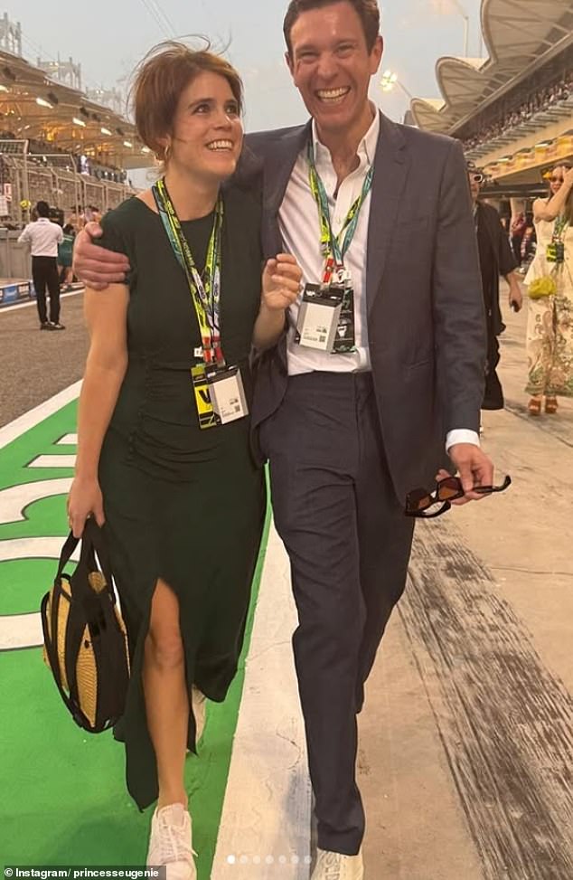 Eugenie is pictured with her husband Jack Brooksbank earlier this year - she previously opened up about her fitness regime ahead of their 208 wedding
