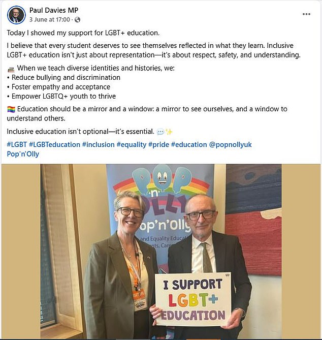 After the event, Mr Davies reposted his photo on his own Facebook page (pictured) with the caption: 'Today I showed my support for LGBT+ education'