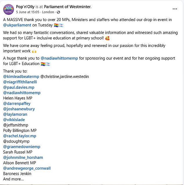 The event was revealed on Facebook where the group tagged the MPs attending (pictured)