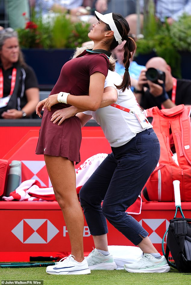 Raducanu had treatment on her back during her quarter-final loss at Queen's this month
