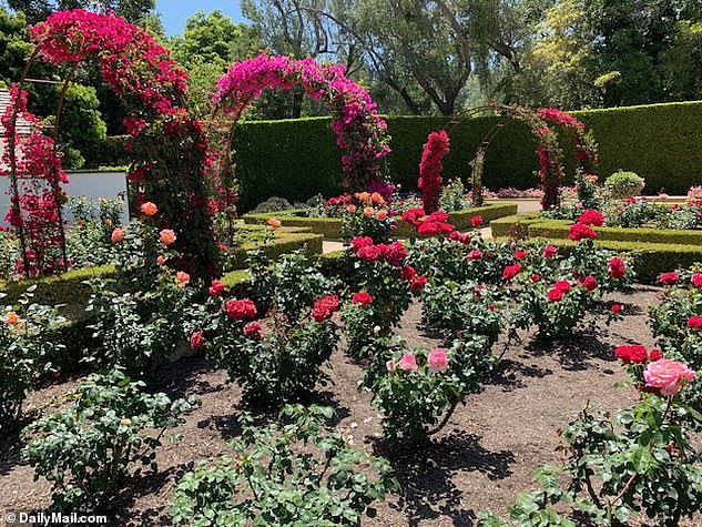 The stunning gardens include rose bushes and bougainvillea arches