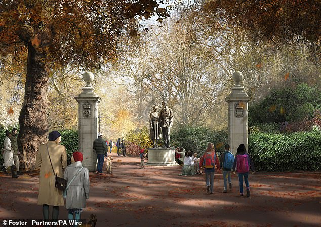 The design will include figurative sculptures and a new Prince Philip Gate, to reflect her husband's long service in addition to her own 70 years on the throne