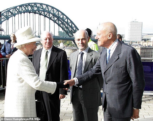 The late Queen Elizabeth greeting Sir Norman Foster in 2005 at the official opening of The Glasshouse International Centre for Music in Gateshead, which the architect designed