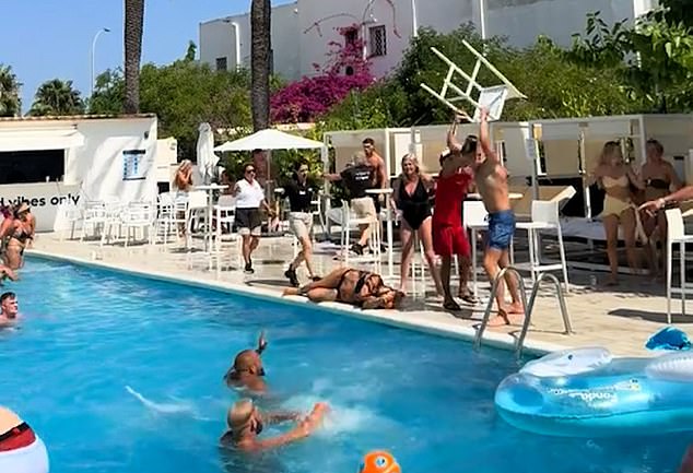 In another act of aggression, a chair was thrown at a second man, and the impact resulted in him also falling into the pool