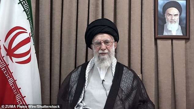 Iranian Supreme Leader Ayatollah ALI KHAMENEI in a televised speech, under a portrait of the late revolutionary founder Ayatollah Khomeini. Israel and Iran have been exchanging fire since Israel launched strikes across Iran on 13 June 2025