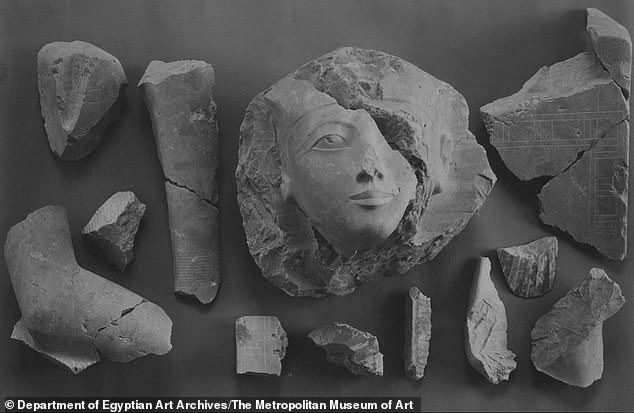 Fragments recovered from an indurated limestone statue of Hatshepsut. This photo was taken by English archaeological photographer Harry Burton in 1929