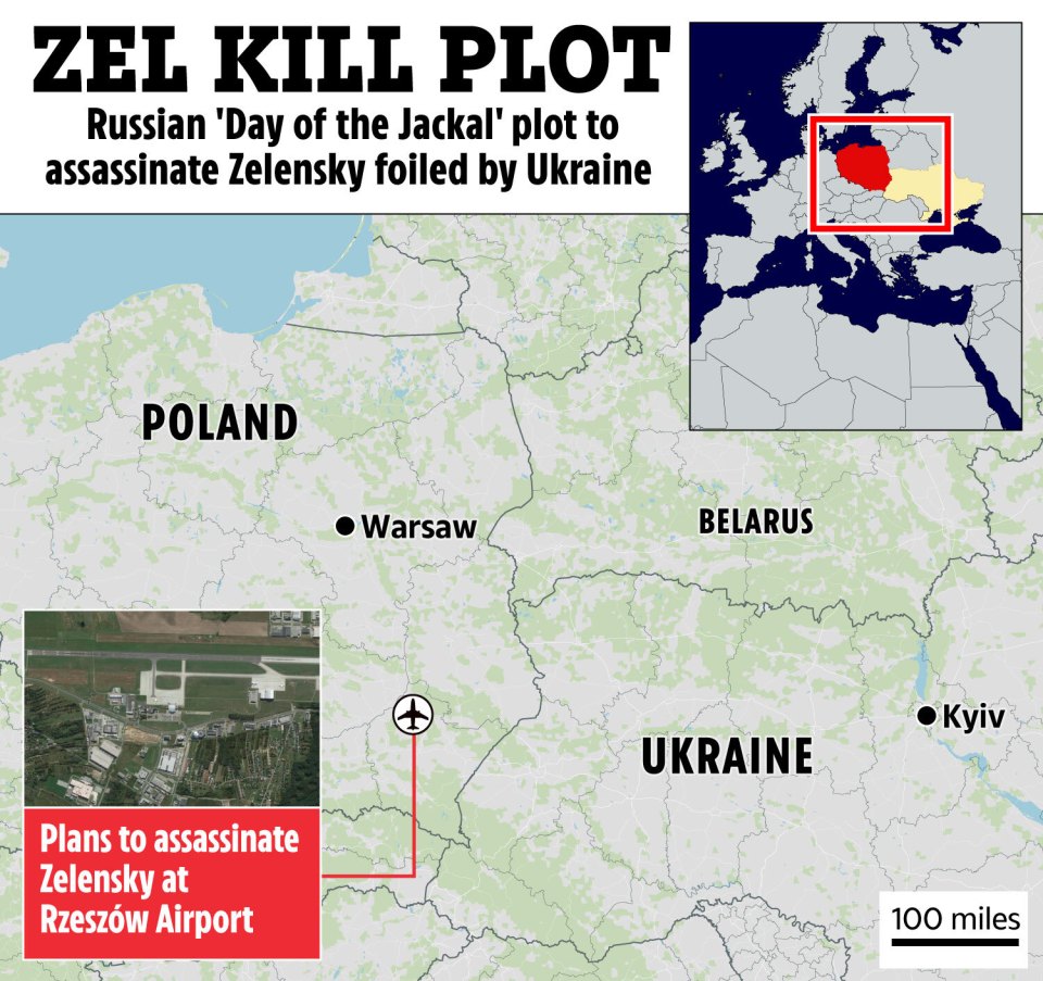 Map illustrating a foiled Russian plot to assassinate Zelensky at Rzeszów Airport.