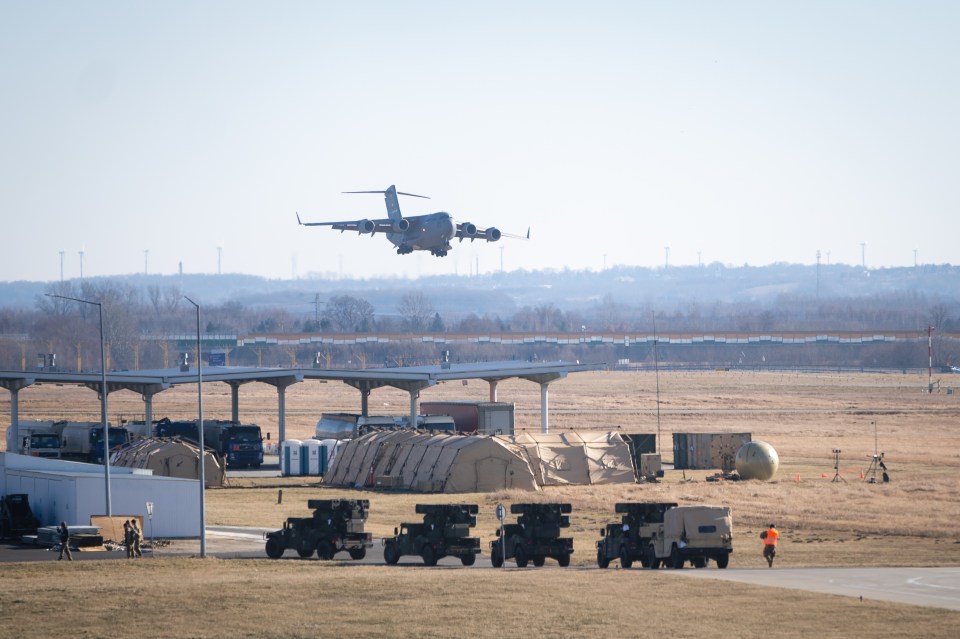 U.S. Air Force Boeing C-17 Globemaster III landing at an airport.