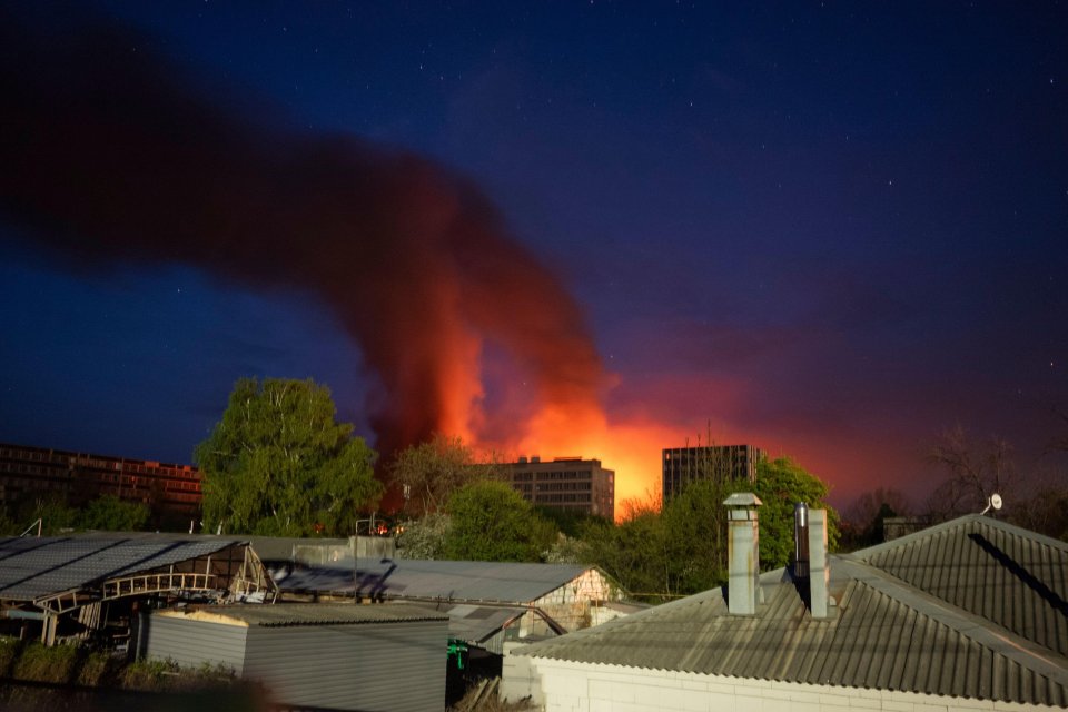 A factory in Kharkiv, Ukraine burning after a Russian strike.