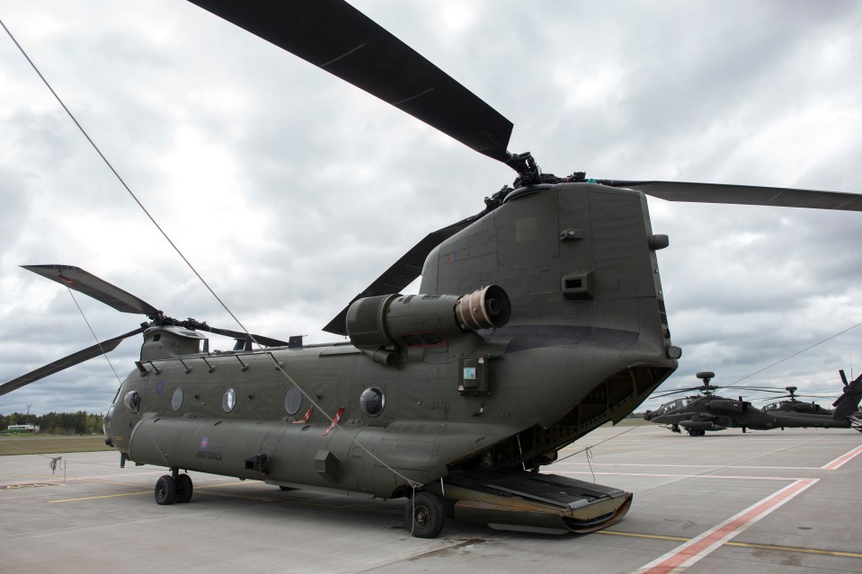 British Army Air Corps Boeing CH-47 Chinook transport helicopter at Amari Air Base, Estonia.
