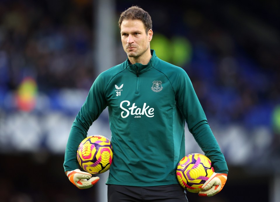 Asmir Begovic, Everton goalkeeper, warming up.