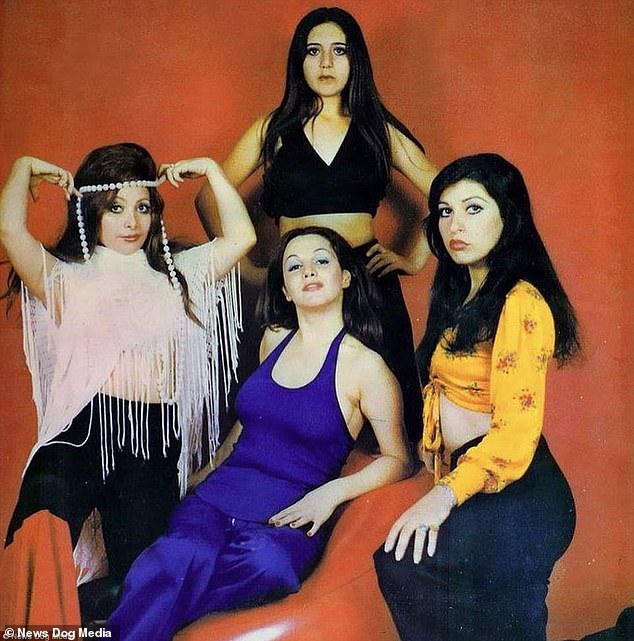 An all-female Iranian pop group - dressed in crop tops and flared pants - pose for promo shots ahead of a tour in 1974