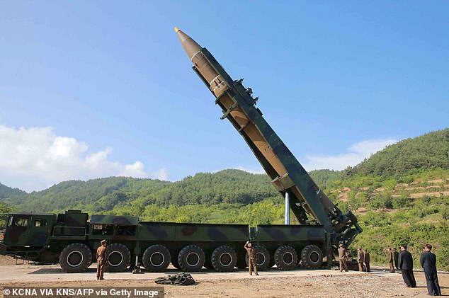 North Korean leader Kim Jong-Un (2nd R) inspecting the test-fire of the intercontinental ballistic missile Hwasong-14