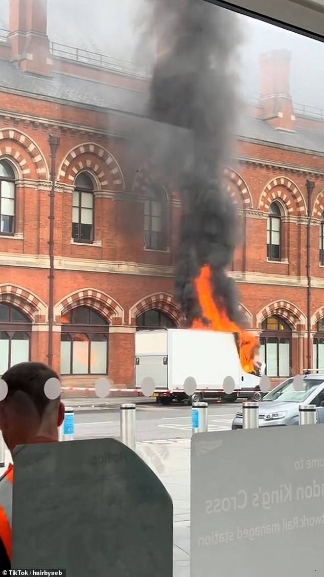 His shots showed flames bursting from the front of the van outside St Pancras station