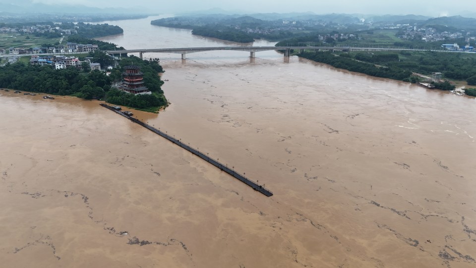 Aerial view of flooded Rongjiang River in Rong'an County, China.