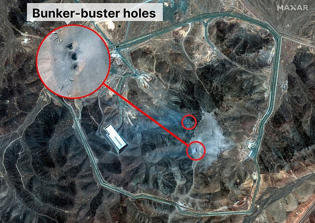 A satellite image shows the impact of the US's bombing of the Iranian nuclear fortress of Fordow. The US dropped what's called a MOP (Massive Ordnance Penetrator) bomb on the mountain site - a conventional bomb capable of penetrating more than 60m underground