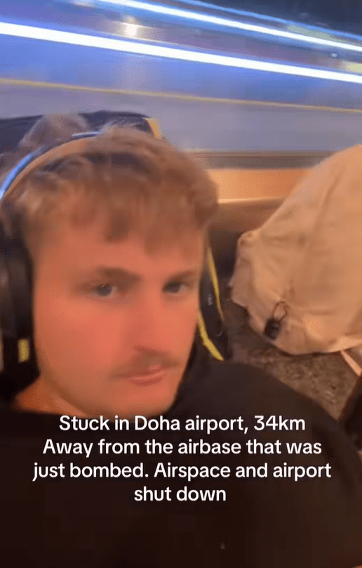 Man in Doha airport, 34km from bombed airbase; airspace and airport shut down.