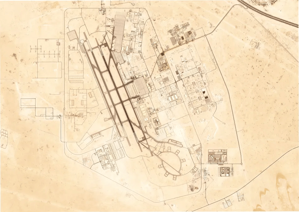 Aerial view of an airport layout.