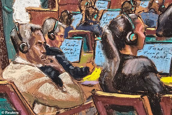 Sean "Diddy" Combs and his defense lawyers Brian Steel and Teny Geragos watch a witness being questioned during Combs' sex trafficking trial in New York City, New York, U.S., June 23, 2025 in this courtroom sketch. REUTERS/Jane Rosenberg