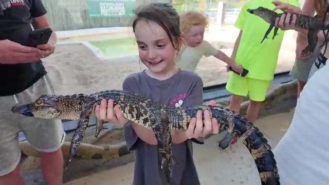 Girl holding a small alligator.