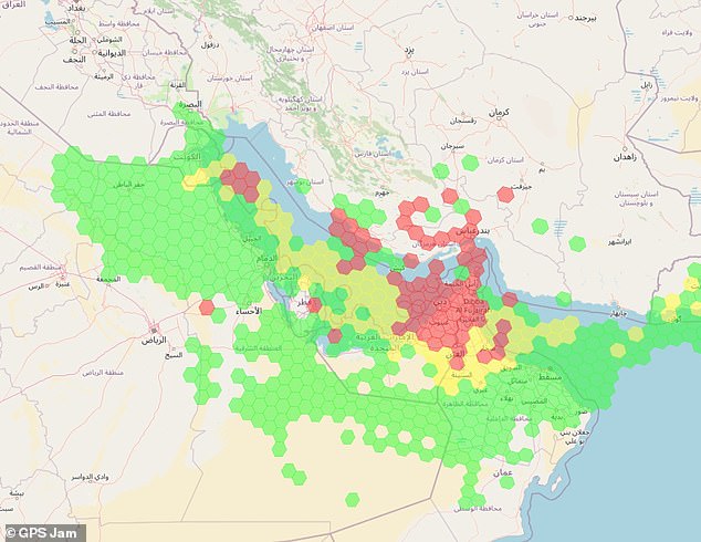 GPS Jam data shows GPS interference in the region surrounding the Strait of Hormuz. Green indicates low (0-2%) interference; yellow indicates medium (2-10%); and red indicates high interference (>10%)