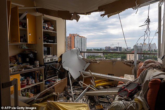 A kitchen in an apartment in a damaged residential high-rise buildings following the Russian drone attack in Odesa on June 20, 2025
