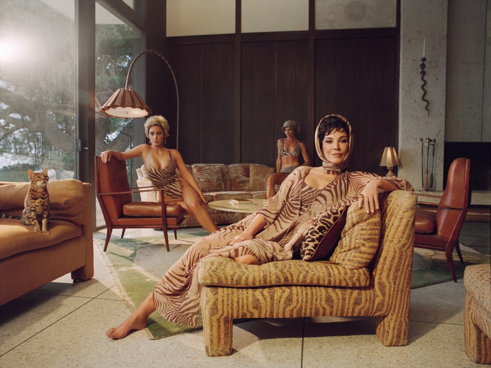Three women in animal print clothing lounge in a mid-century modern living room.