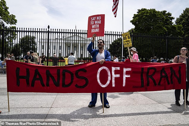 A group of protesters gathers outside the White House protesting the US bombing of Iranian nuclear sites in Washington, DC, on June 22, 2025. Protesters Out Side The White House Protesting The US bombing of Iran