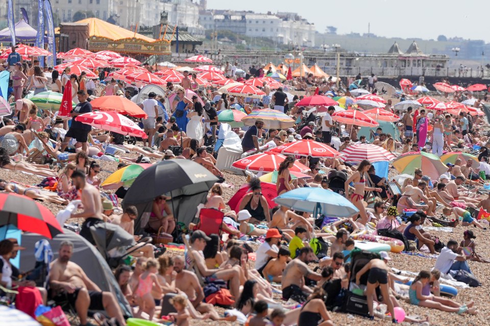 Crowded Brighton beach on a hot day.