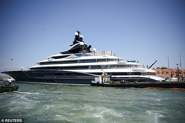 Pictured: The super yacht Kismet is seen in the lagoon ahead of the expected wedding of Amazon founder Jeff Bezos and Lauren Sanchez