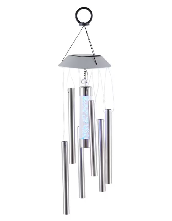 Solar-powered wind chime with light-up bubble.