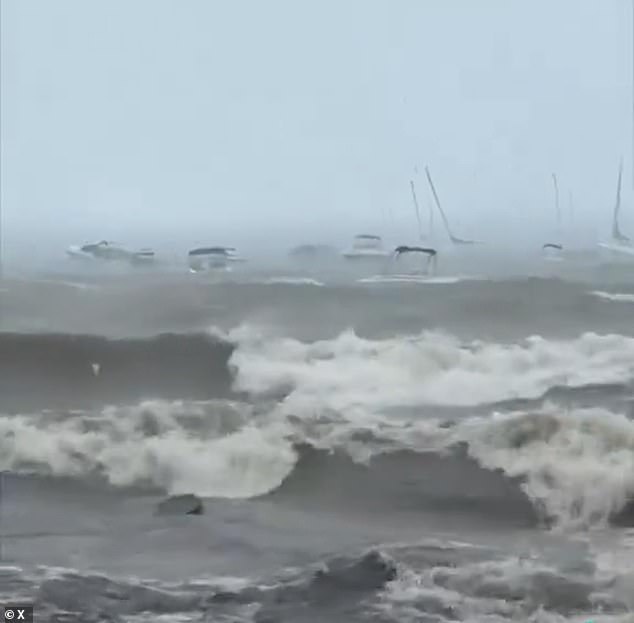 At around 3pm, multiple people reported seeing 10 people in the water after their boat capsized, while waves in the area at the time were around eight-feet high (pictured)