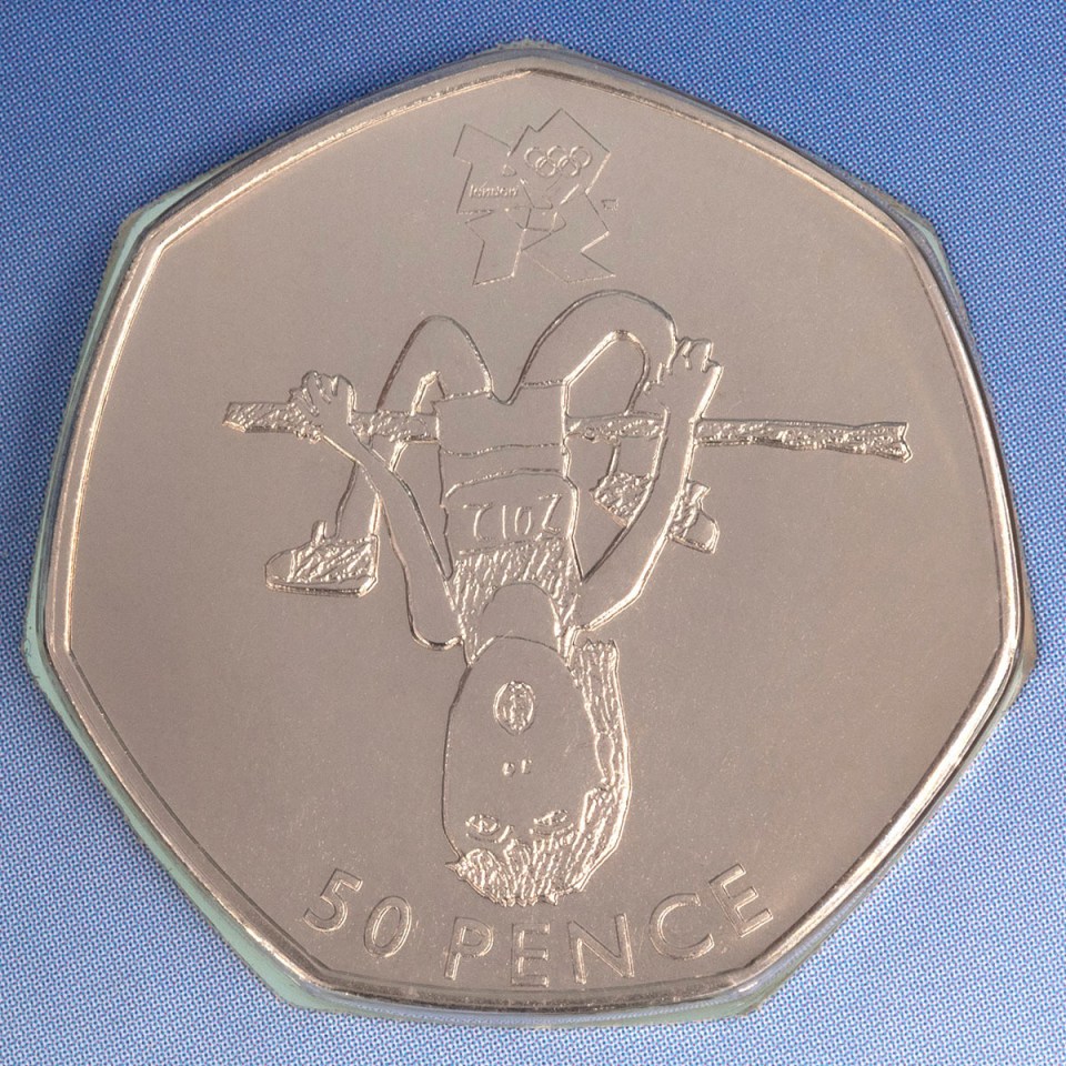 2009 London Olympics 50 pence coin featuring an illustration of a gymnast on a bar.