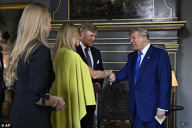 Trump was all smiles as he literally shook hands and figuratively rubbed shoulders with King Willem-Alexander and Queen Maxima of the Netherlands
