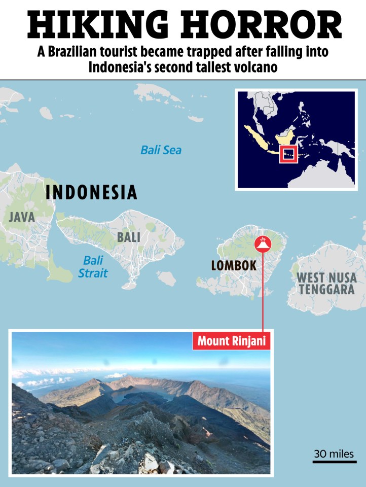 Illustration of map showing Mount Rinjani in Lombok, Indonesia, where a Brazilian tourist fell into a volcano.