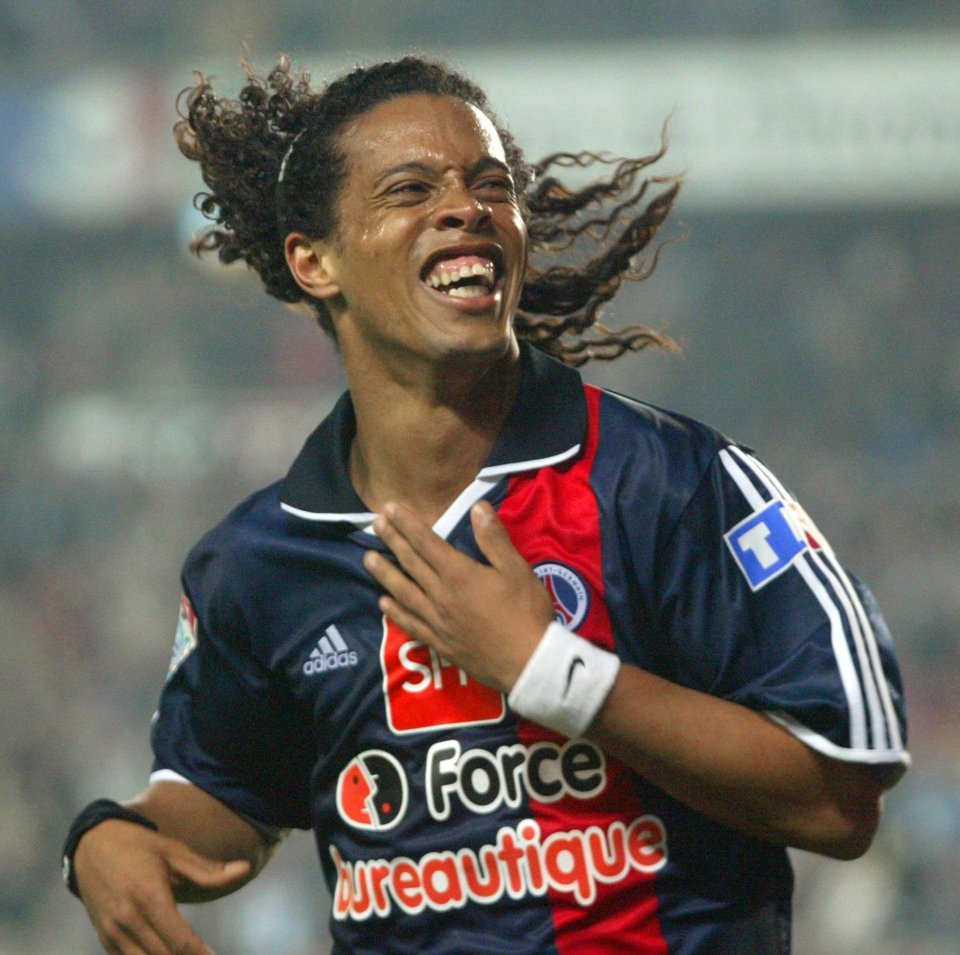 Ronaldinho jubilates after scoring a goal.