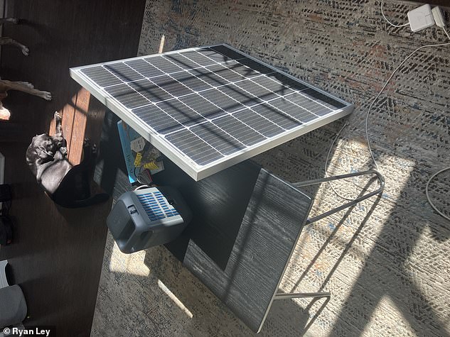 Ryan also owns solar panels and batteries that can can charge radios, computers, phones, and provide light in a pinch, pictured