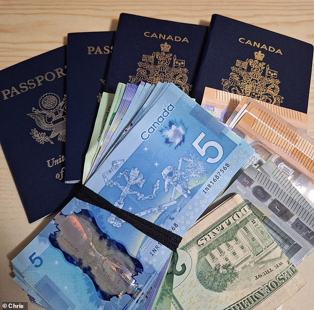 Chris also has stores of small currency in case internet outages block bank transfers, pictured
