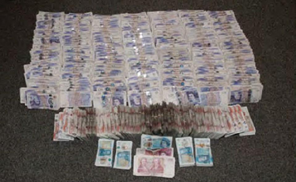 Large stacks of British pound notes seized during a drug trafficking investigation.