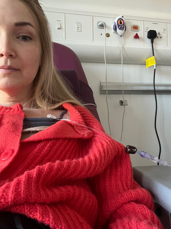 Woman receiving cancer treatment in a hospital.
