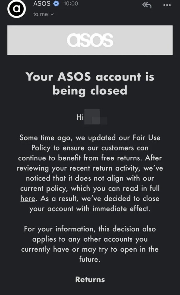 Screenshot of an ASOS account closure notification.